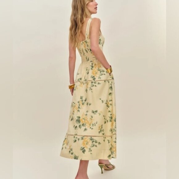 NEW Reformation Everett Linen Midi Dress Radiance Yellow Floral | US 2 UK 6 - Picture 4 of 15